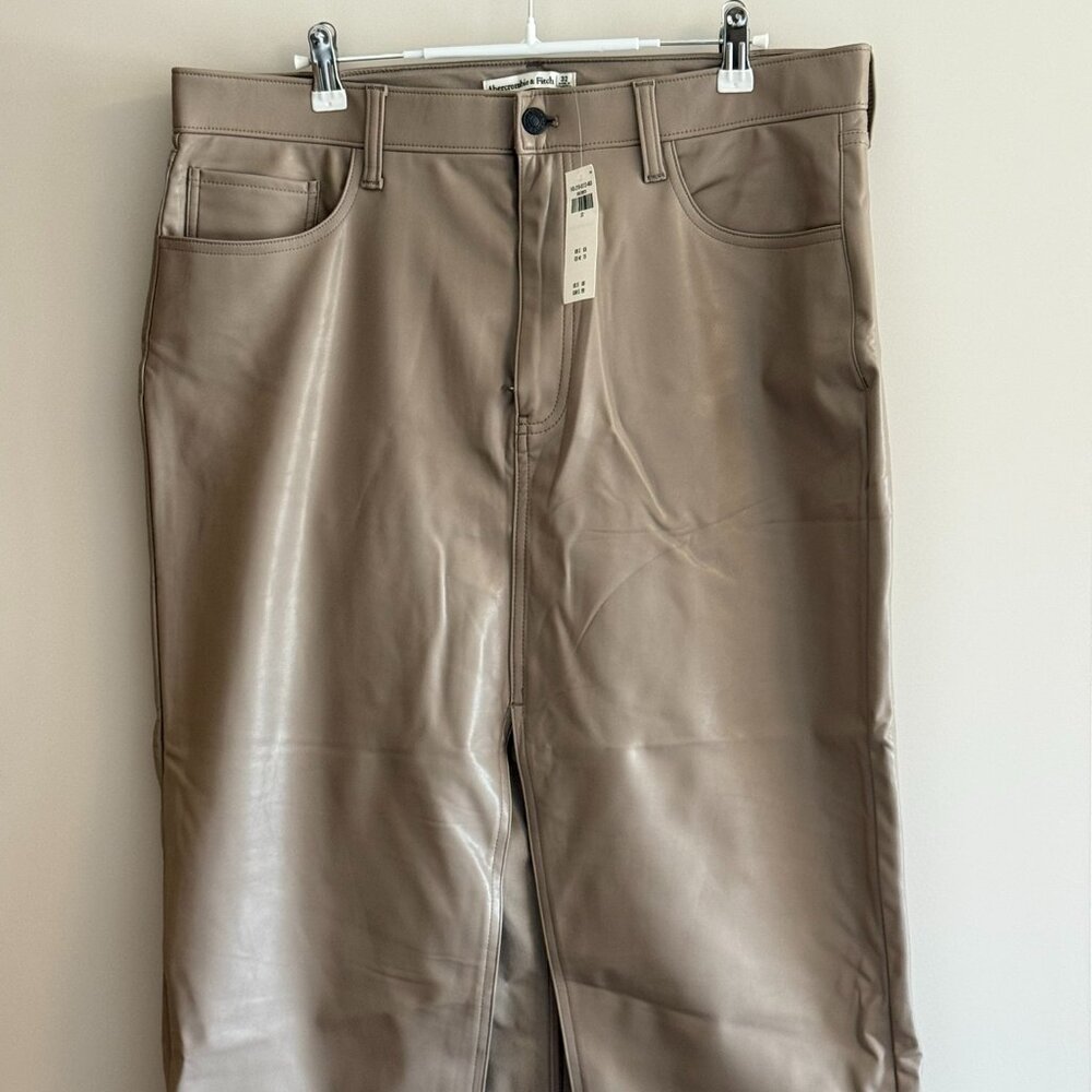 BNWT Abercrombie Vegan Leather Midi Skirt with front slit, taupe